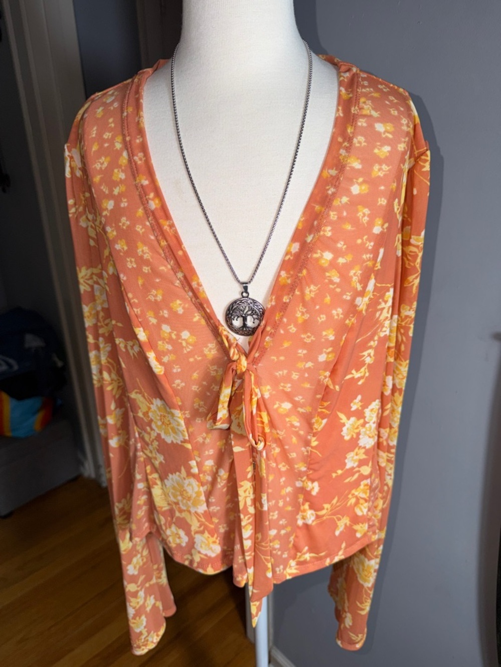 Free People Coral Floral Tie-Front Blouse